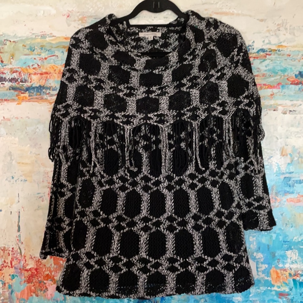John Mark Knit Shawl Neck Sweater Fringe Sz M EC!